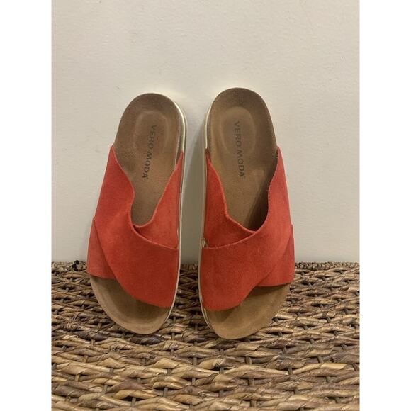 Vero Moda Red Slides Made In Spain Comfort Leather Spring Summer 7.5 /8 - Picture 1 of 8